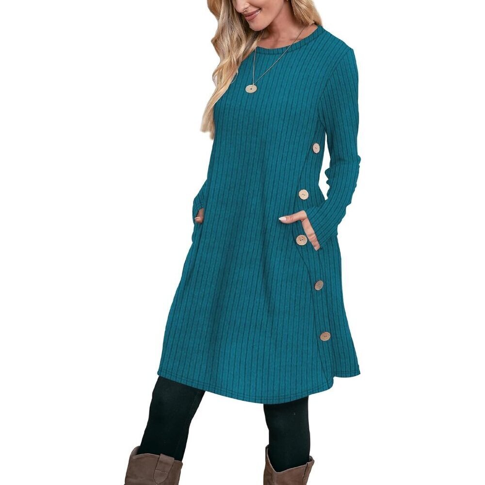 Ofeefan Women's Ribbed Peacock Crew Neck Long Sleeve Cozy Winter Tunic Dress
